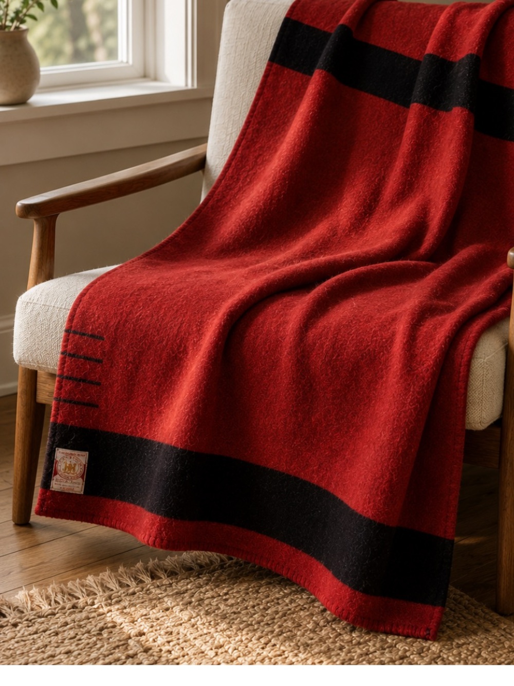 Vintage Hudson’s Bay Company 4 Point Wool Blanket Red Black Stripe 84" x 68"